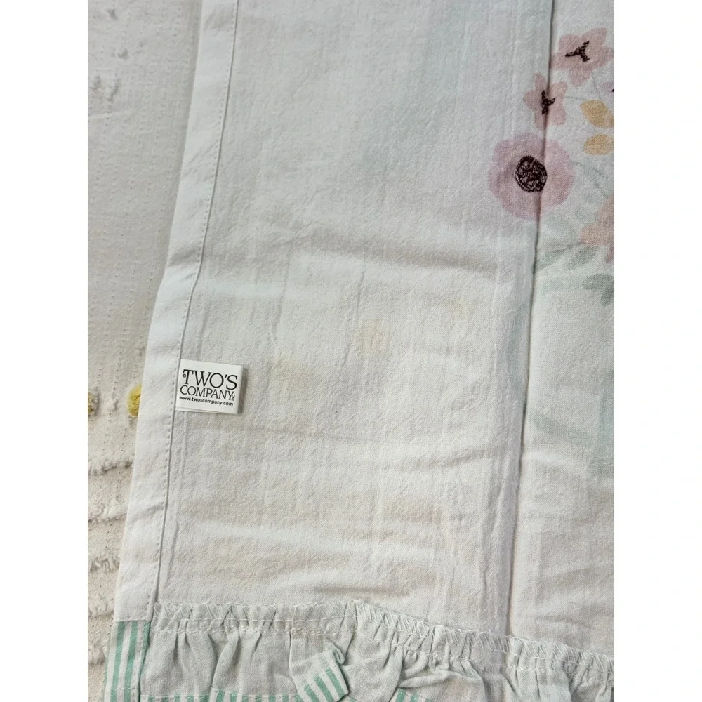 Twos Company Floral Tea Towels Set of 2 Cotton Ruffle Watering Can Pot White